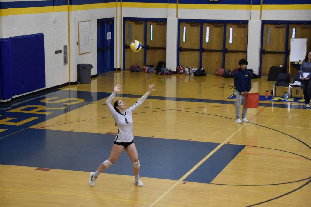 Senior Brooke Shafer serves on Saturday, Sept. 10, at Homer High School Gym. (Photo by Charlie Menke/ Homer News)