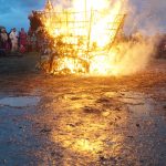 As about 200 people watch, the 19th annual Burning Basket, Breathe, catches fire on Sunday, Sept. 11, 2022, at Mariner Park on the Homer Spit in Homer, Alaska. (Photo by Michael Armstrong/Homer News)