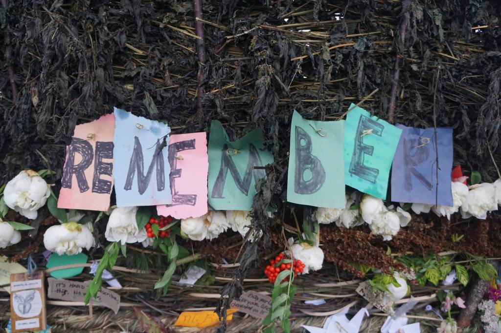 Letters spell out remember, one of the messages people left on the 19th annual Burning Basket, Breathe, on Sunday, Sept. 11, 2022, at Mariner Park on the Homer Spit in Homer, Alaska. (Photo by Michael Armstrong/Homer News)