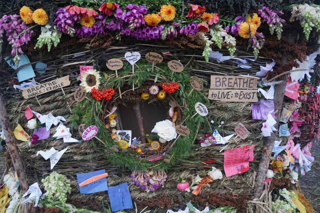 One of the portals in the 19th annual Burning Basket, Breathe, on Sunday, Sept. 11, 2022, at Mariner Park on the Homer Spit in Homer, Alaska. People placed notes expressing various sentiments inside the basket. (Photo by Michael Armstrong/Homer News)
