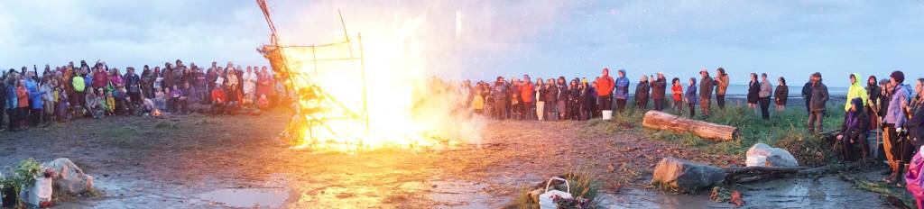 As about 200 people watch, the 19th annual Burning Basket, Breathe, catches fire on Sunday, Sept. 11, 2022, at Mariner Park on the Homer Spit in Homer, Alaska. (Photo by Michael Armstrong/Homer News)