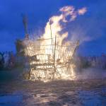 The 19th annual Burning Basket, "Breathe," has burned down to the frame on Sunday, Sept. 11, 2022, at Mariner Park on the Homer Spit in Homer, Alaska. (Photo by Michael Armstrong/Homer News)