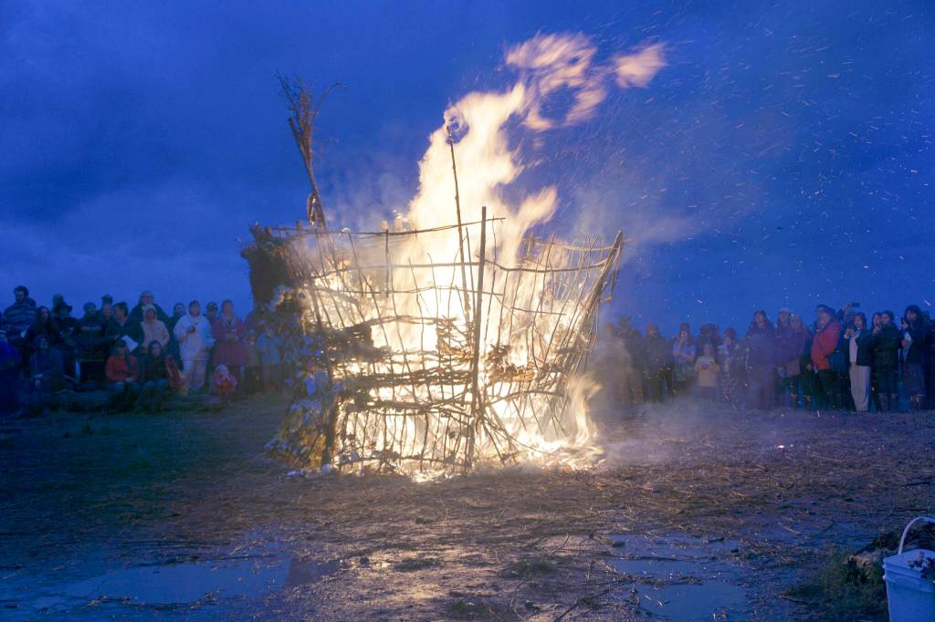 The 19th annual Burning Basket, "Breathe," has burned down to the frame on Sunday, Sept. 11, 2022, at Mariner Park on the Homer Spit in Homer, Alaska. (Photo by Michael Armstrong/Homer News)