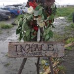 A sign marks the entrance to the labyrinth at the 19th annual Burning Basket, Breathe, on Sunday, Sept. 11, 2022, at Mariner Park on the Homer Spit in Homer, Alaska. (Photo by Michael Armstrong/Homer News)