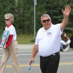 2022 gubernatorial candidate Charlie Pierce walks in the 65th annual Soldotna Progress Days Parade on July 23 in Soldotna . (Ashlyn OHara/Peninsula Clarion)