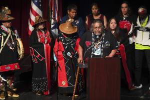 Joel Jackson, president of the Organized Village of Kake and a featured presenter at the Government-to-Government Violence Against Women Tribal Consultation in Anchorage on Wednesday, speaks during a memorial service at Juneau-Douglas High School: Yadaa.at Kalé on Friday, June 7, 2019. (Michael Penn / Juneau Empire File)