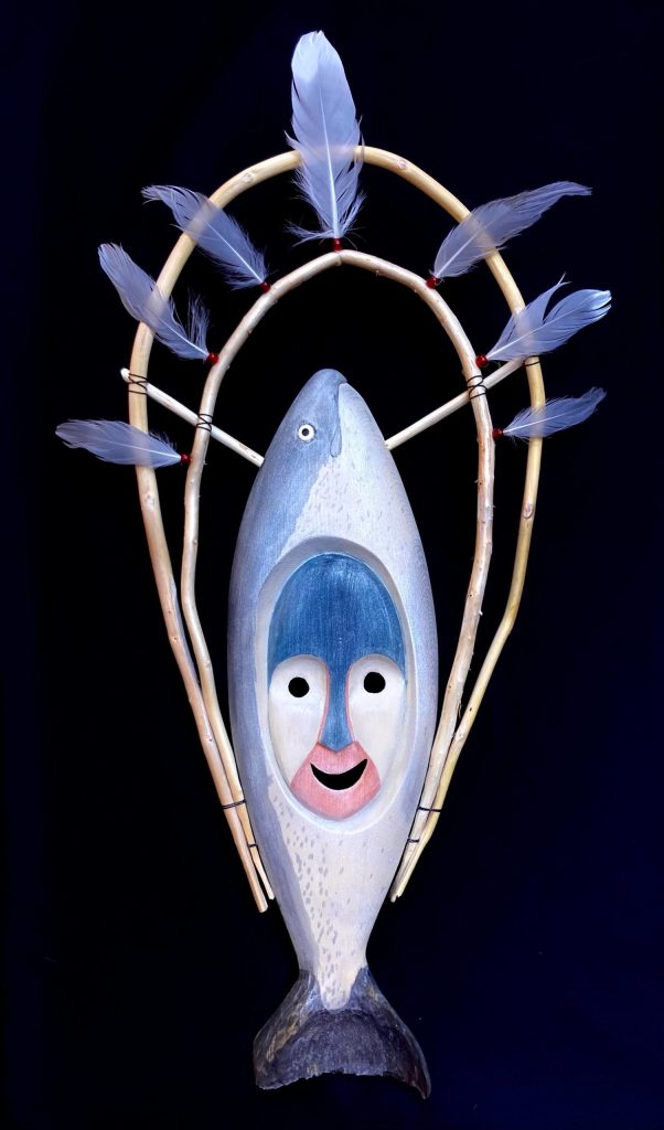 Jennifer Woods, Carved Mask one in a collaborative exhibit at the Pratt Museum titled Salmon Culture