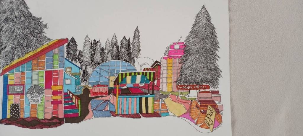 Our Town, original illustrations by Teresa Aldridge and colored by Erik Behnke on display at Fireweed Gallery