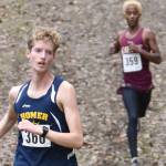 Homer's Seamus McDonough leads the Division II boys race at the state cross-country meet Saturday, Oct. 8, 2022, at Bartlett High School in Anchorage, Alaska. (Photo by Jeff Helminiak/Peninsula Clarion)