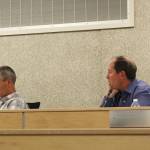 Kenai Peninsula Borough Mayor Mike Navarre (right) and Chief of Staff Max Best (left) participate in an assembly meeting on Tuesday, Oct. 11, 2022 in Soldotna, Alaska. The meeting was Navarres first as mayor since being appointed last month. (Ashlyn OHara/Peninsula Clarion)
