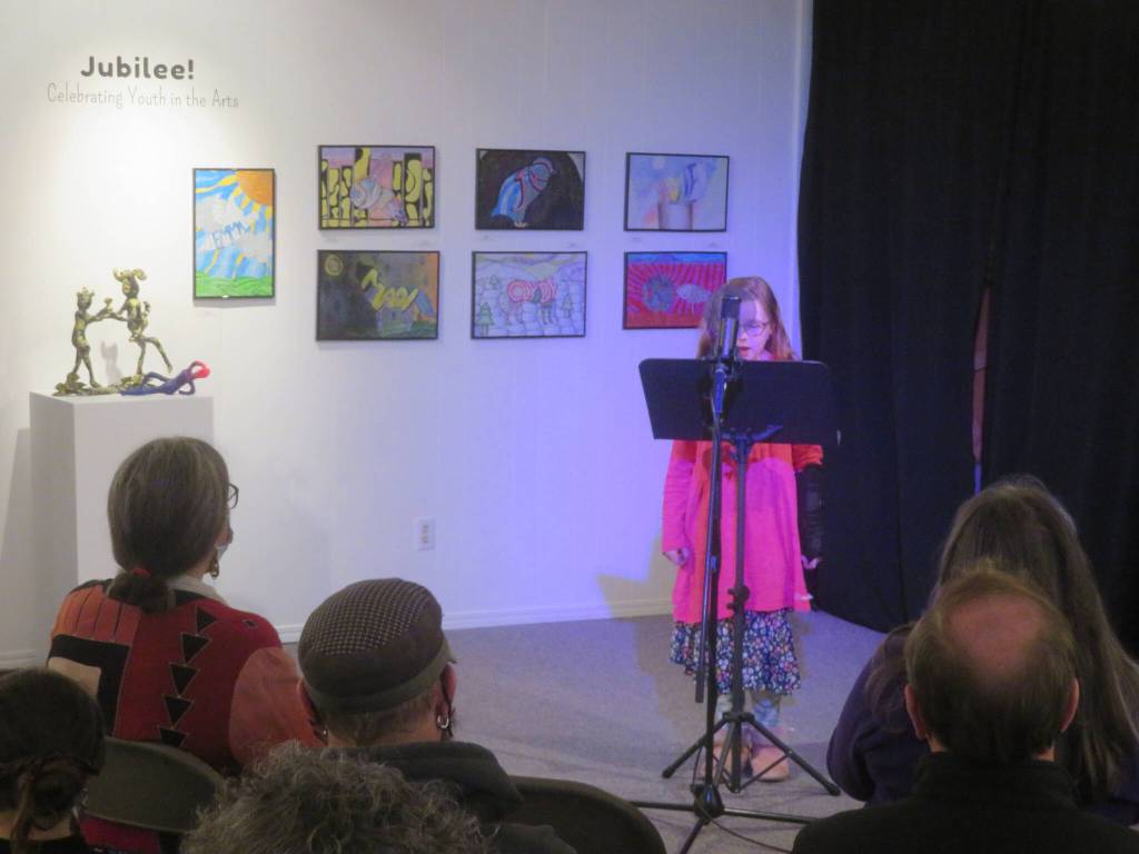 Harper Bross of Soldotna, reads Judy the Sled Dog, which placed first in fiction, grade K-3), in the the 2021 Writers Contest at Homer Council on the Arts. (Photo provided)