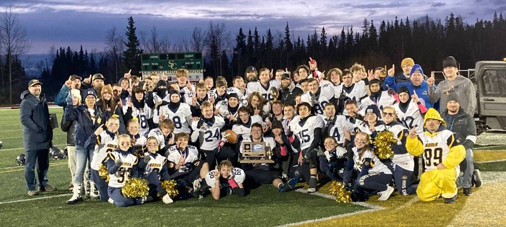 Homer celebrates winning the Division III state championship Saturday, Oct. 15, 2022, at Service High School in Anchorage, Alaska. (Photo by Jeff Helminiak/Peninsula Clarion)