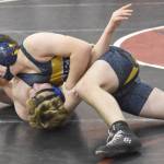 Homers Brayden Woods wrestles with Soldotnas Liam Boyd at 160 pounds at the Luke Spruill Memorial Tournament on Saturday, Oct. 22, 2022, at Kenai Central High School in Kenai, Alaska. Woods was able to pin Boyd. (Photo by Jeff Helminiak/Peninsula Clarion)