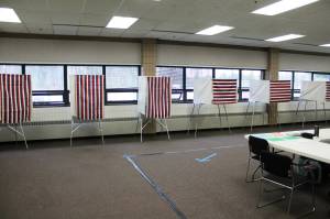 Voting booths are set up at the Soldotna Regional Sports Complex on Tuesday, Oct. 4, 2022 in Soldotna, Alaska. (Ashlyn OHara/Peninsula Clarion)