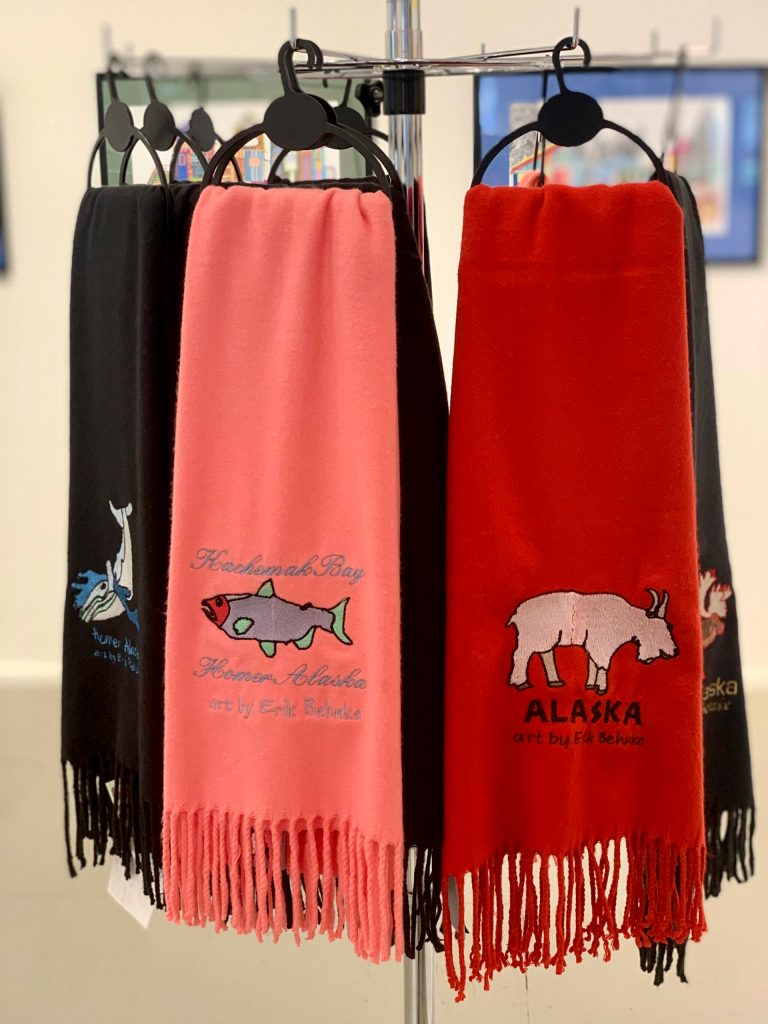 Scarves embroidered with designs by Eric Behnke are on display with prints and original drawings at Fireweed Gallery this month. (Photo provided)