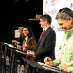 Candidates for Alaskas sole U.S. House seat share a laugh before a debate Wednesday, Oct. 26, 2022, in Anchorage, Alaska. From left are Republican Sarah Palin, U.S. Rep. Mary Peltola, a Democrat; Republican Nick Begich, and Chris Bye, a Libertarian. (AP Photo/Mark Thiessen)