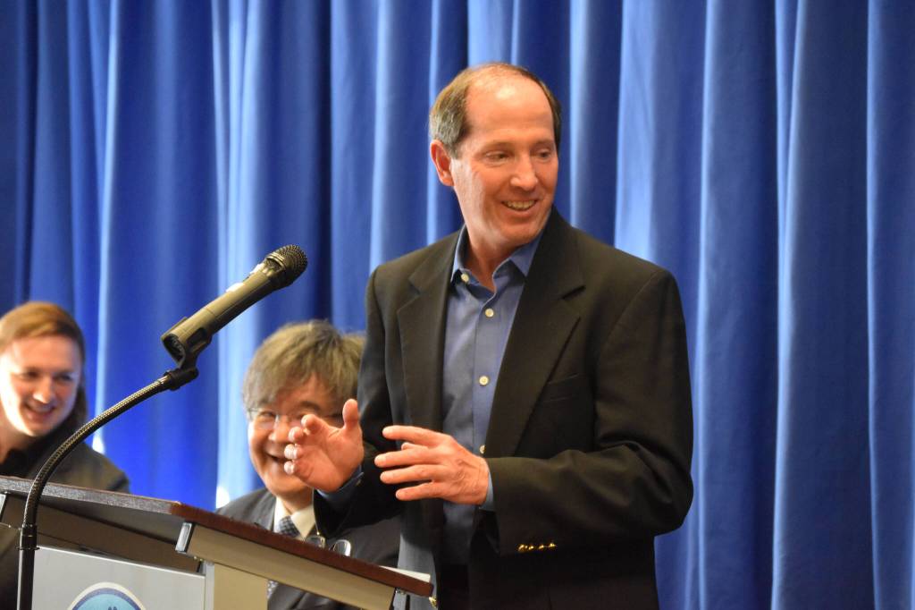 Kenai Peninsula Borough Mayor Mike Navarre speaks at the commendation ceremony where Yasuko Lehtinen was bestowed the Foreign Minister Commendation on Friday, Oct. 28, 2022, at Kenai Peninsula College in Soldotna, Alaska. He also read a proclamation from the Kenai Peninsula Borough naming Oct. 28, 2022 Yasuko Lehtinen Appreciation Day. (Jake Dye/Peninsula Clarion)