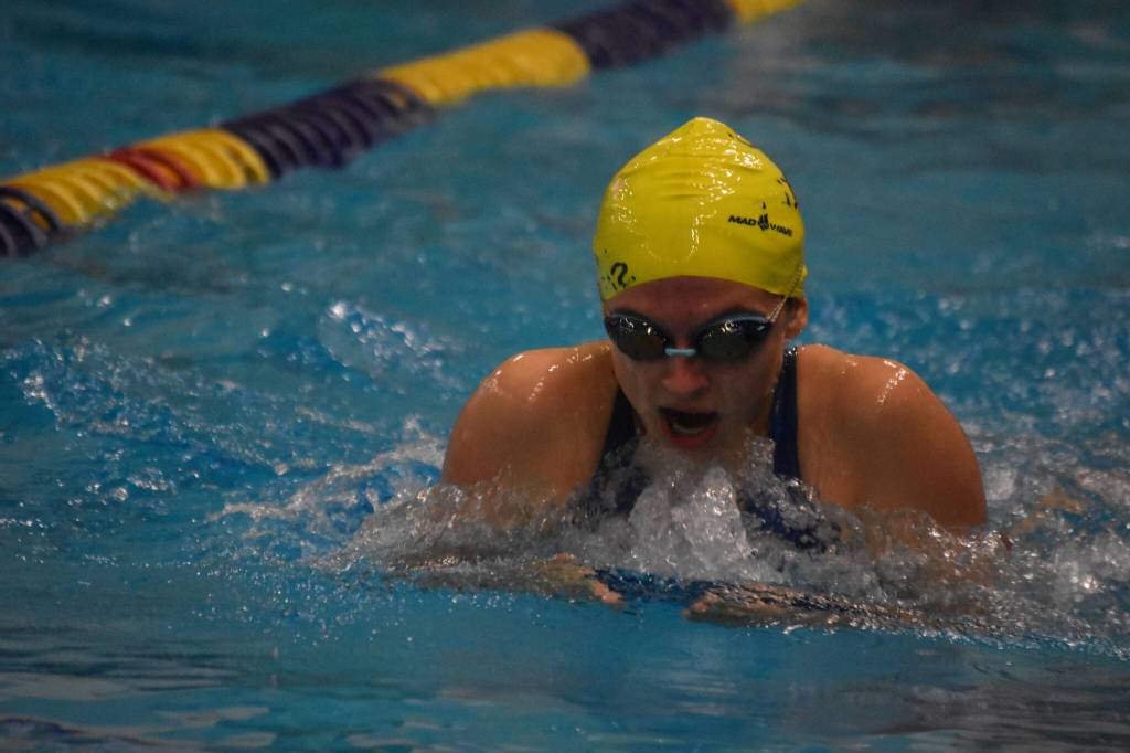 Annabelle Franciscone, of Homer, swims the 100-yard breaststroke during finals at the ASAA State Swim & Dive Championships on Saturday, Nov. 5, 2022, at Bartlett High School in Anchorage, Alaska.