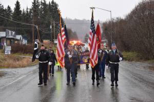 Homer Emblem Club 350 members march down Main Street for Veterans Day on Friday, Nov. 11, in Homer. (Photo by Charlie Menke / Homer News)
