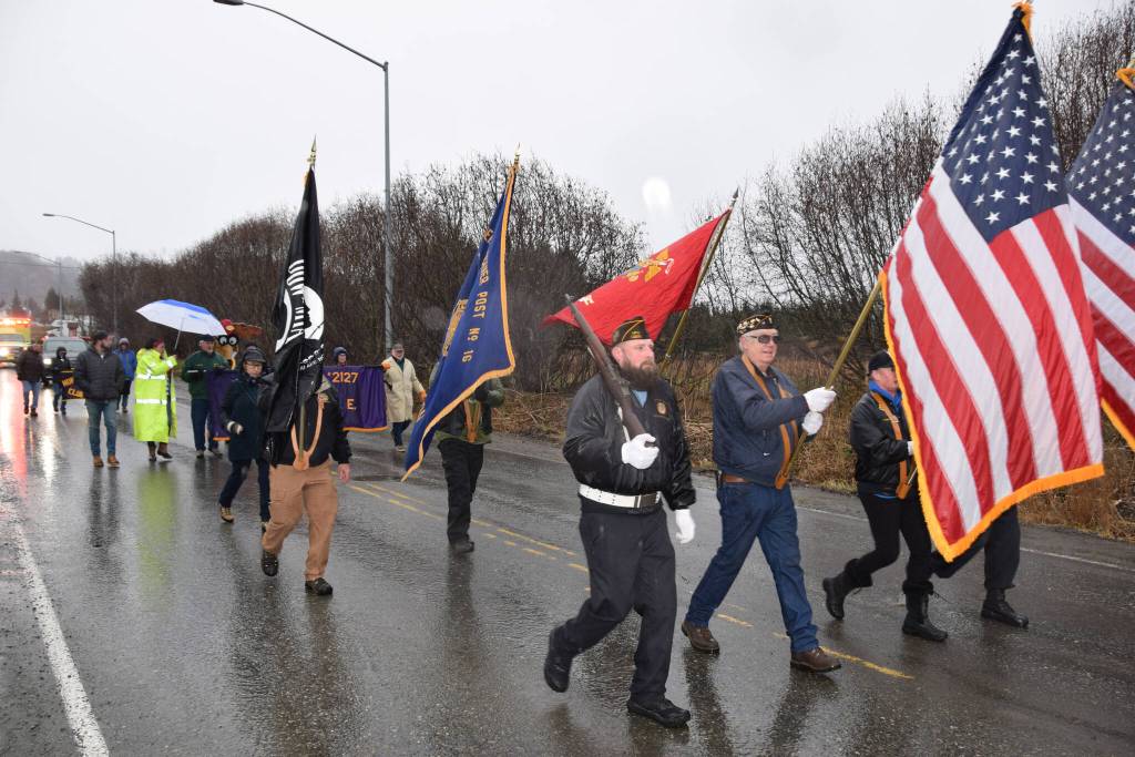 Homer Emblem Club 350 members march down Main Street for Veterans Day on Friday, Nov. 11, in Homer. (Photo by Charlie Menke / Homer News)