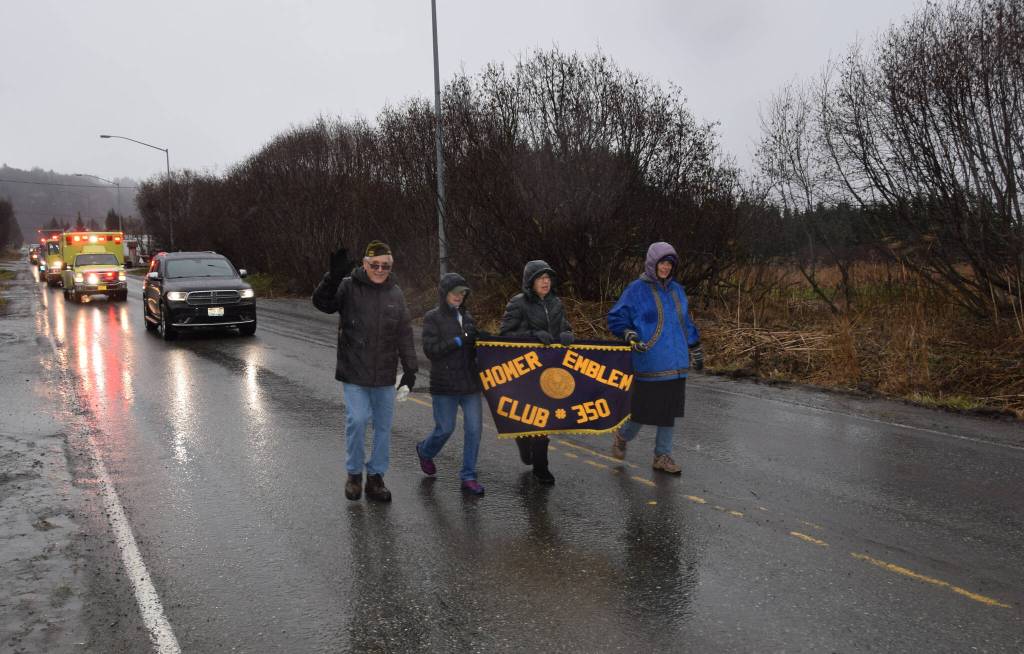 Homer Emblem Club 350 members march down Main Street for Veterans Day on Friday, Nov. 11, in Homer. (Photo by Charlie Menke / Homer News)