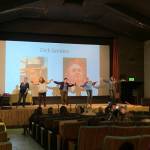 Pier One actors perform Always Look On the Bright Side of Life at an awards ceremony on Thursday, Nov. 10, 2022, at the Homer Theatre. From left to right are David Webster (who presented for Dick Sanders), Jessica Golden, Jessie Dabney, Cristen San Roman, Cathy Stingley and Christine Kulcheski. (Photo provided)