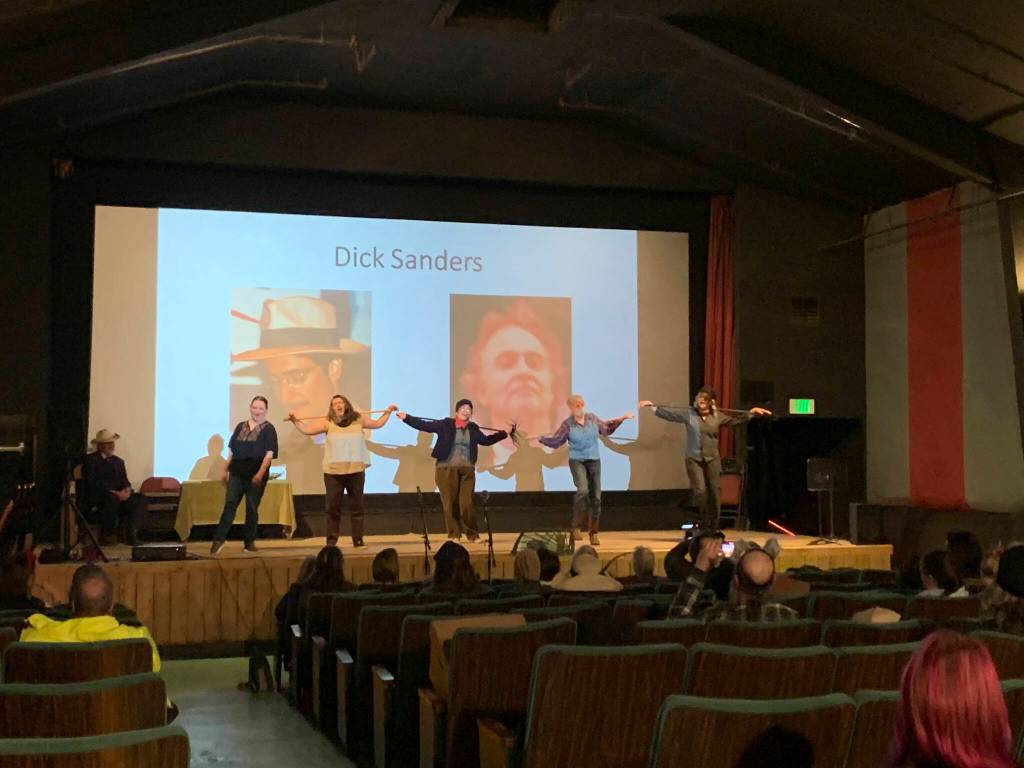 Pier One actors perform Always Look On the Bright Side of Life at an awards ceremony on Thursday, Nov. 10, 2022, at the Homer Theatre. From left to right are David Webster (who presented for Dick Sanders), Jessica Golden, Jessie Dabney, Cristen San Roman, Cathy Stingley and Christine Kulcheski. (Photo provided)