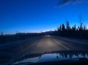 The sun rises over the mountains on the Sterling Highway on Saturday, Nov. 5, 2022, outside of Sterling, Alaska. (Jake Dye/Peninsula Clarion)