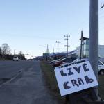 A foam sign with the words live crab written with a black marker sits at the entrance of Aurora Harbor along Egan Drive Monday afternoon. Charlie Blattner, a Juneau-based Dungeness crab fisherman, was berthed at Aurora Harbor selling live Dungeness crabs he caught in the past few days around the Juneau area. (Clarise Larson / Juneau Empire)