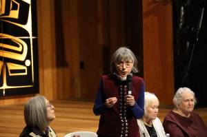 Clarise Larson / Juneau Empire
Lillian Petershoare speaks into a microphone during a Walter Soboleff Day presentation in the Walter Soboleff Building Monday afternoon. She was joined by members of the Kuneix Hidí Northern Light United Churchs Native Ministries Committee Barbara Searls, Maxine Richert and Myra Munson to talk about an overture developed by in 2021, which analyzed and openly outlined the injustices and racially charged motives that led to the closure of Soboleffs church by the Presbyterian Church.