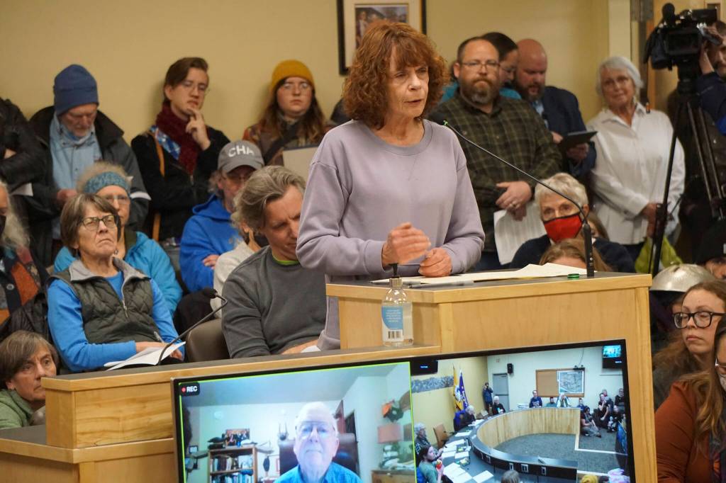 Kelly Cooper speaks at the meeting of the Library Advisory Board on Nov. 15, 2022, in the Cowles Council Chambers at Homer City Hall in Homer, Alaska. (Photo by Michael Armstrong/Homer News)