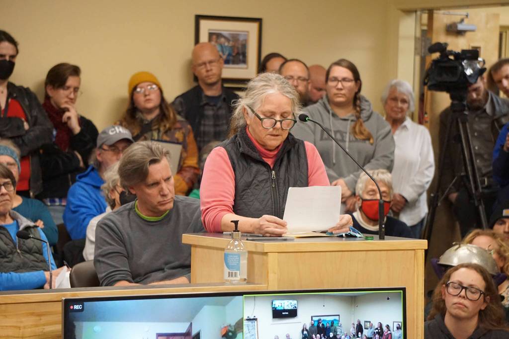 Ginny Espenshade speaks at the meeting of the Library Advisory Board on Nov. 15, 2022, in the Cowles Council Chambers at Homer City Hall in Homer, Alaska. (Photo by Michael Armstrong/Homer News)