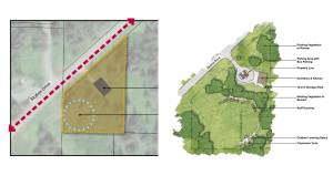 A mock-up of an A-Frame property that would be located across the street from the Center for Alaskan Coastal Studies Wynn Nature Center and used by the Homer Forest Charter School shows places for classroom yurts, a dormitory and kitchen, a parking area with bus parking and staff housing. The configuration was presented Monday, Dec. 5, 2022, to the Kenai Peninsula Borough School Board of Education. (Via Homer Forest Charter School presentation to school board)