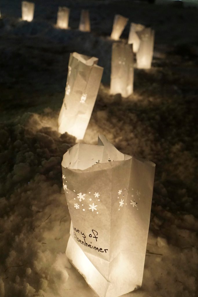 Rows of luminarias line the path at Light Up a Life, a fundraiser for Hospice of Homer, on Thursday, Dec. 15, 2022, at WKFL Park in Homer, Alaska. (Photo by Michael Armstrong/Homer News)