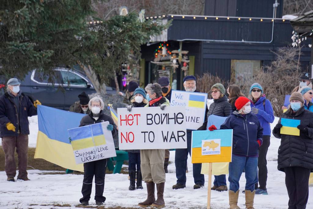 About 45 people participated in a demonstration on Thursday, March 3 at WKFL Park, in support of Ukraine and against the Russian invasion. (Photo by Michael Armstrong/Homer News)