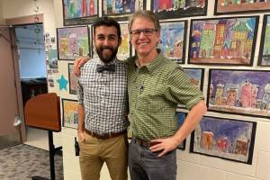 Kyle Darbonne, principal of Fireweed Academy, and Eric Waltenbaugh, principal of West Homer Elementary, stand in the shared Kenai Peninsula Borough school building on Tuesday Jan. 3, 2023, in Homer, Alaska. (Photo by Emilie Springer)
