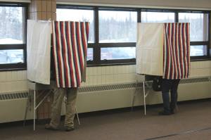 People vote in polling booths at the Soldotna Regional Sports Complex on Tuesday, Nov. 8, 2022, in Soldotna, Alaska. (Ashlyn OHara/Peninsula Clarion)