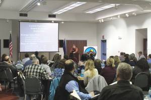 Ashlyn OHara/Peninsula Clarion 
Alaska Association of Realtors President Dale Bagely presents a regional real estate update during the Kenai Peninsula Economic Development Districts 2022 Industry Outlook Forum on Thursday, Jan. 6, 2021, in Kenai.