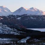 Photo by Lisa Hupp/USFWS 
Sunset views of snow-covered Kenai Mountains and the far eastern section of Skilak Lake.