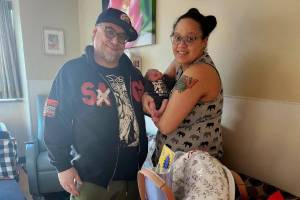 Michaya Boone, Homers first baby of the year, with her parents, Fractal Mic and Tenaya Boone, at South Peninsula Hospital, Jan. 4, 2023, in Homer, Alaska. (Photo courtesy South Peninsula Hospital)