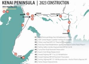 A map of 2023 construction projects on the Kenai Peninsula shared during the Kenai Peninsula Economic Development Districts Industry Outlook Forum on Thursday, Jan. 5, 2023, at the Christian Community Church in Homer, Alaska. (Screenshot)