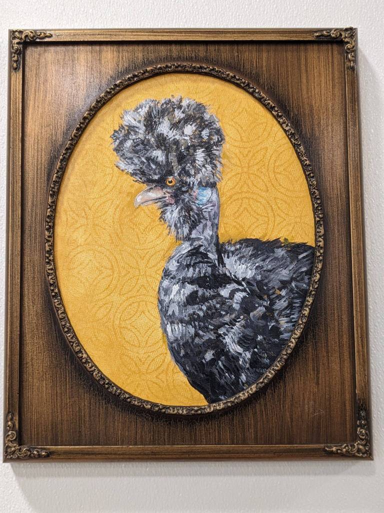 Photo provided by Julianne Tomich
Pearl, an acrylic and coffee painting in a refurbished frame by Julianne Tomich, is one of the Pandemic Chickens on exhibit at Grace Ridge Brewing through January.
