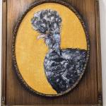 Pearl, an acrylic and coffee painting in a refurbished frame by Julianne Tomich, is one of the Pandemic Chickens on exhibit at Grace Ridge Brewing through January. (Photo by Christina Whiting/Homer News)