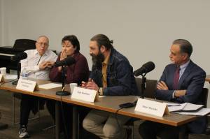 From left, Dave Carey, Linda Farnsworth-Hutchings, Zach Hamilton and Peter Micciche participate in a Kenai Peninsula Borough mayor candidate forum on Tuesday, Jan. 24, 2023 in Soldotna, Alaska. (Ashlyn OHara/Peninsula Clarion)