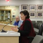 Kenai Peninsula Borough mayoral candidate Linda Farnsworth-Hutchings addresses the KPBSD Board of Education on Monday, Feb. 6, 2023, in Soldotna, Alaska. (Ashlyn OHara/Peninsula Clarion)