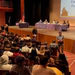 Homer High School students participate in KPB mayor forum in the Homer High School Mariner Theater Feb. 9. Photo by Emilie Springer