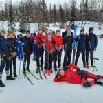 Skiiers representing Homer, Kenai and Soldotna cross-country teams on Saturday Feb. 11 in Palmer, Alaska. Photo courtesy of Jessie Goodrich.
Photo courtesy Jessie Goodrich
Skiers representing Homer, Kenai and Soldotna cross-country teams pose during the Region 3 cross-country ski meet on Saturday, at the Government Peak Recreation Area in the Matanuska-Susitna valleys.
Participating schools included Colony, Grace Christian, Homer, Kenai, Nikiski, Palmer, Seward, Soldotna and Mat-Su.
Classic skiers competed on a 5-kilometer course the first day. Skate was 7.5 kilometers for the boys and 5 kilometers for girls on the second day. Colony boys and girls both received first place at the meet. Homer girls placed fifth overall and boys finished second overall.
Homer skiers did well, coach Jessie Goodrich said, noting that when the Mariners head to the state competition they have the potential to be the winning team because Colony is not in the same state division as Homer.