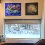 Paintings by Counsel Langley are on exhibit at the Homer Public Library through March, as seen Feb. 11, 2023. (Photo by Christina Whiting/Homer News)