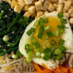 Tofu, spinach, fried egg, carrots, mushrooms and sprouts are served on rice in this Korean Bibimbap recipe. (Photo by Tressa Dale/Peninsula Clarion)