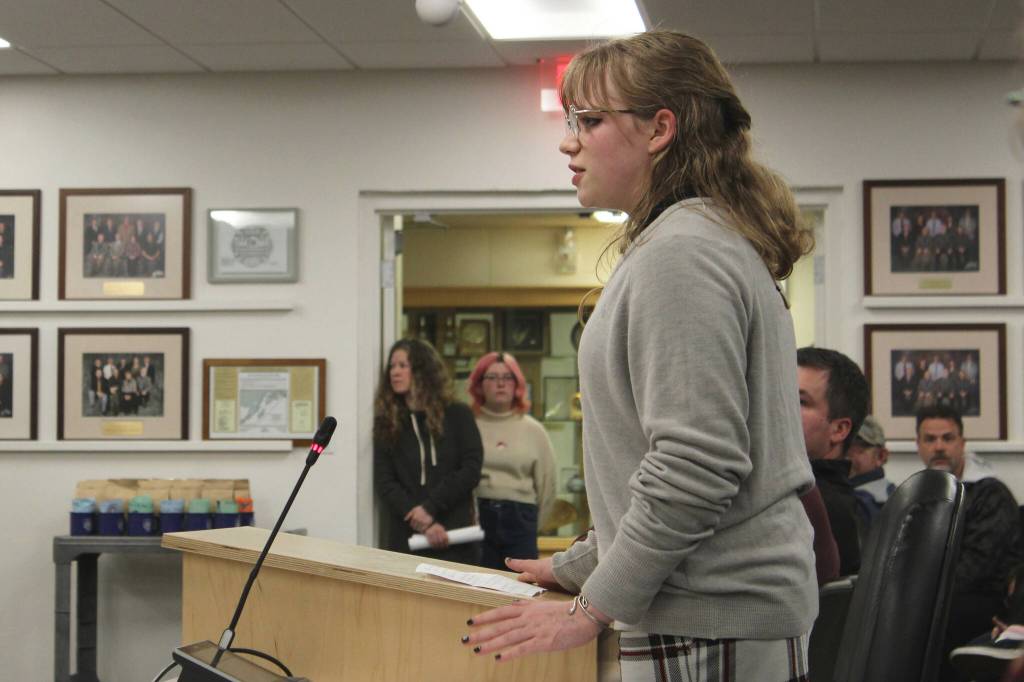 Soldotna High School junior Jaylee Webster testifies in opposition to the proposed cut of Kenai Peninsula Borough School District theater technicians during a board of education meeting on Monday, March 6, 2023, in Soldotna, Alaska. (Ashlyn OHara/Peninsula Clarion)